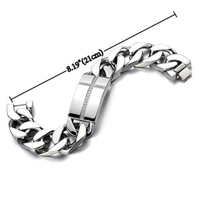 COOLSTEELANDBEYOND Mens Large Stainless Steel Cross Identity Curb Chain Bracelet Set Hip Hop Rock