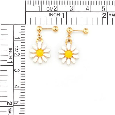 Gold Color Steel Barbell Ball Stud Earrings with Dangling Daisy Flower, Women, Screw Back