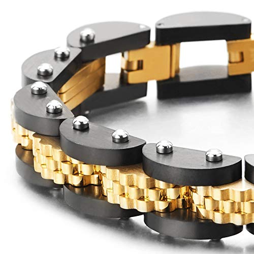 COOLSTEELANDBEYOND Stainless Steel Black Gold Convex Dotted Charms Link Bracelet Heavy-Duty Jewelry for Man