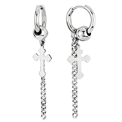 Cross Huggie Hinged Hoop Earrings for Men and Womens Steel Bead with Dangling Cross and Long Chain