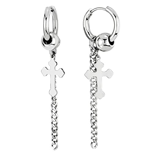 Cross Huggie Hinged Hoop Earrings for Men and Womens Steel Bead with Dangling Cross and Long Chain