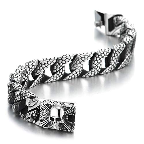 COOLSTEELANDBEYOND Skull Charms Snake Skin Pattern Curb Chain Mens Large Steel Bracelet with Pirate Skulls Clasp