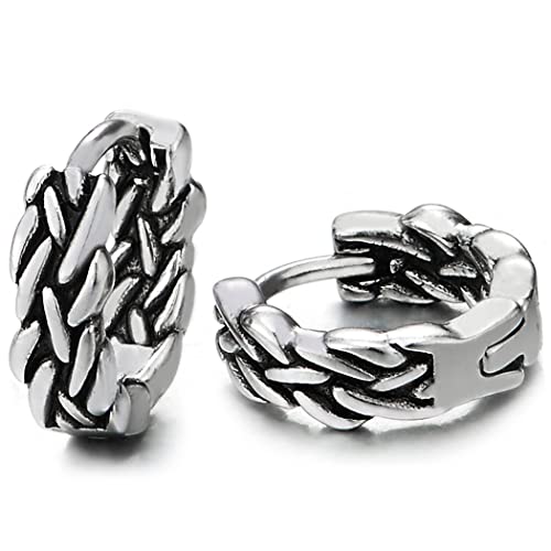 Pair Stainless Steel Vintage Tribal Curb Chain Wreath Huggie Hinged Hoop Earrings Unisex Men Women