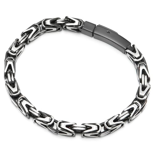COOLSTEELANDBEYOND Silver Black Byzantine Chain, Satin Finished, Square Braided Link Bracelet for Mens, Stainless Steel