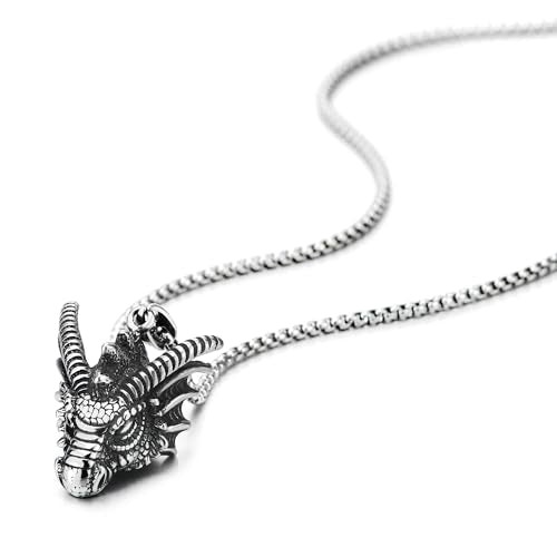 COOLSTEELANDBEYOND Dragon Head Pendant Mens Stainless Steel Vintage Necklace with 30 inches Wheat Chain