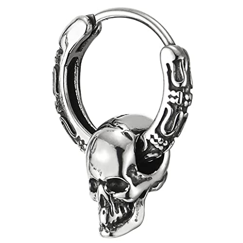 Mens Womens Stainless Steel Vintage Circle Huggie Hinged Hoop Earrings Dangle with Skulls, 2pcs