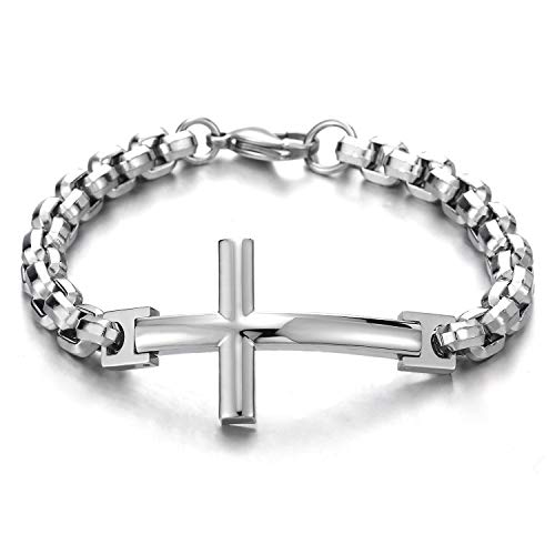 COOLSTEELANDBEYOND Mens Womens Stainless Steel Horizontal Sideway Lateral Cross Link Chain Bangle Bracelet, Polished