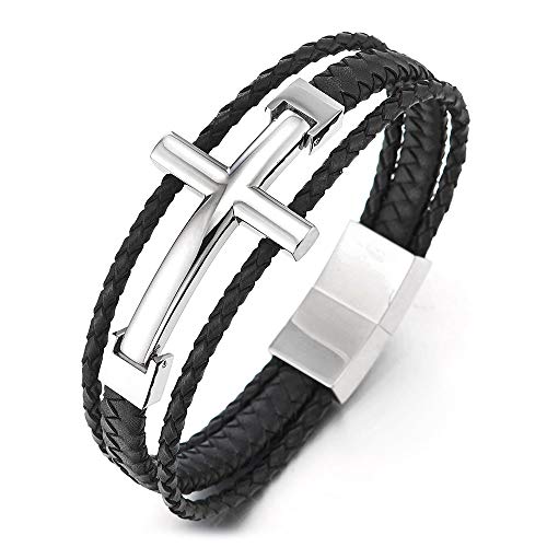 COOLSTEELANDBEYOND Men Stainless Steel Horizontal Sideway Lateral Cross Three-Row Braided Leather Bangle Bracelet