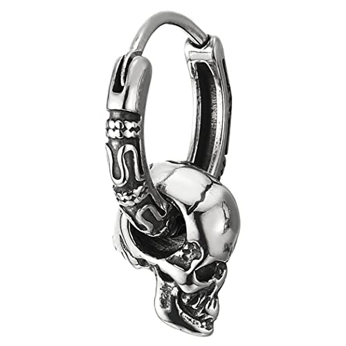 Mens Womens Stainless Steel Vintage Circle Huggie Hinged Hoop Earrings Dangle with Skulls, 2pcs