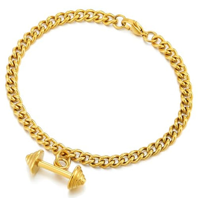 COOLSTEELANDBEYOND Barbell Dumbbell Charm, Gold Color Curb Chain Link Chain Bracelet, Stainless Steel, Unisex