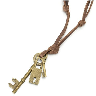 COOLSTEELANDBEYOND Retro Bronze Lock and Key Pendant Necklace for Mens Womens with Adjustable Brown Leather Cord