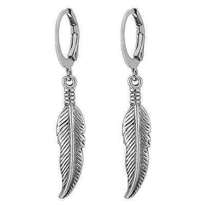 Mens Womens Stainless Steel Huggie Hinged Hoop Earrings with Dangling Vintage Feather, Bohemian Chic