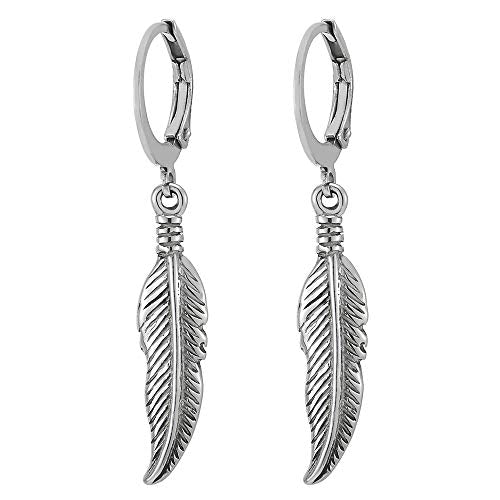 Mens Womens Stainless Steel Huggie Hinged Hoop Earrings with Dangling Vintage Feather, Bohemian Chic