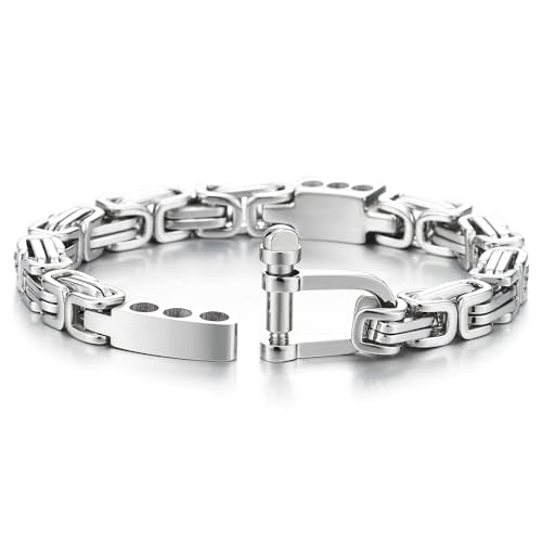 COOLSTEELANDBEYOND Byzantine Link Chain Bangle Bracelet for Men, Anchor Shackle Marine Screw Clasp, Steel Mechanic