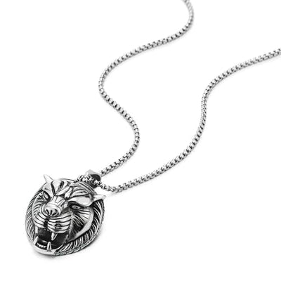 COOLSTEELANDBEYOND Stainless Steel Mens Tiger Head Pendant Necklace with 30 inches Wheat Chain