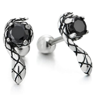 Mens Womens Steel Vintage Snake Pattern Stud Earrings with 4MM Black Cubic Zirconia, Screw Back, 2pcs