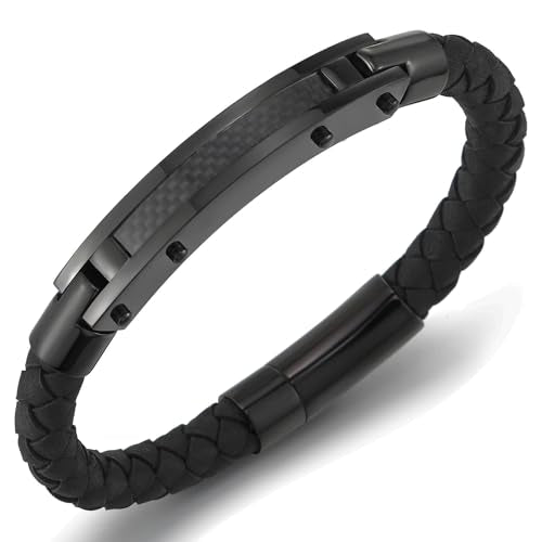 COOLSTEELANDBEYOND Mens Black Braided Leather Bangle Bracelet, Steel Centerpiece Inlaid with Carbon Fiber, Spring Clasp