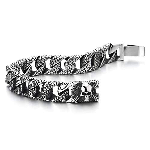 COOLSTEELANDBEYOND Skull Charms Snake Skin Pattern Curb Chain Mens Large Steel Bracelet with Pirate Skulls Clasp