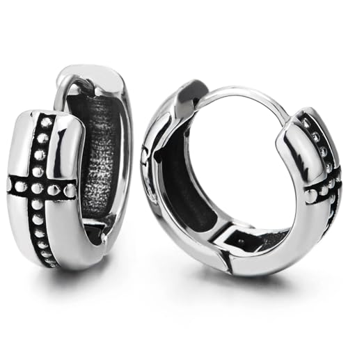 Classic Huggie Hinged Hoop Earrings with Cross Unisex Men Women