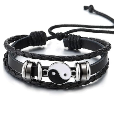COOLSTEELANDBEYOND Yin-Yang Charm Bracelet, Black Leather Three-strand, Mens Womens Wrap Wristband