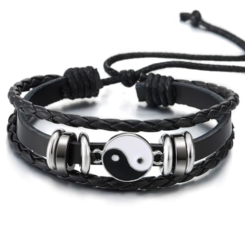 COOLSTEELANDBEYOND Yin-Yang Charm Bracelet, Black Leather Three-strand, Mens Womens Wrap Wristband