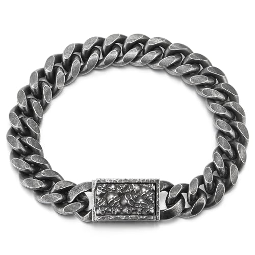 COOLSTEELANDBEYOND Old Metal Finishing Curb Chain Bracelet, Skulls Push-in Box Clasp, Mens Vintage Stainless Steel