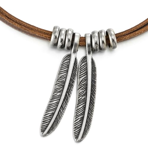 COOLSTEELANDBEYOND Mens Women Two Feathers Pendant, Charm Leather Necklace, Brown Leather Cord Unisex Necklace