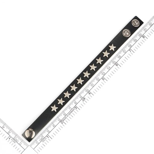 COOLSTEELANDBEYOND Convex Star Rivets Black Leather Bracelet, Punk Rock Biker Wristband for Men Women, Buckle Clasp