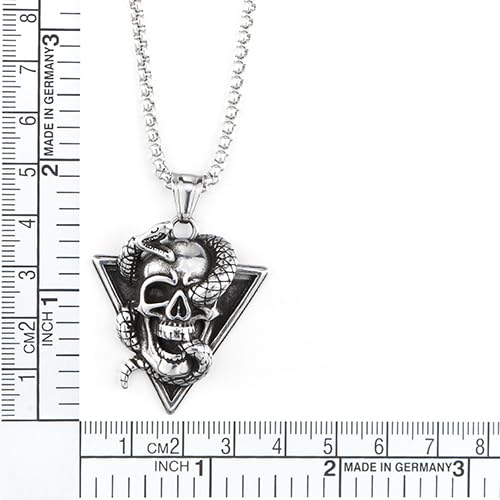 COOLSTEELANDBEYOND Triangle Snake Skull Pendant, Men Stainless Steel Necklace, Punk Rock, 30 inches Wheat Chain
