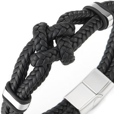 COOLSTEELANDBEYOND Black Braided Leather Bracelet, Friendship Nautical Knot, Mens Wristband, Steel Clasp