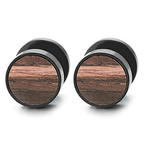 Mens Women Black Circle Stud Earrings with Wood, Steel Cheater Fake Ear Plugs Gauges Tunnel