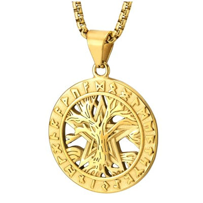 COOLSTEELANDBEYOND Gold Color Tree of Life Pentagram Wiccan Symbol Medal Circle Pendant, Mens Women Steel Necklace