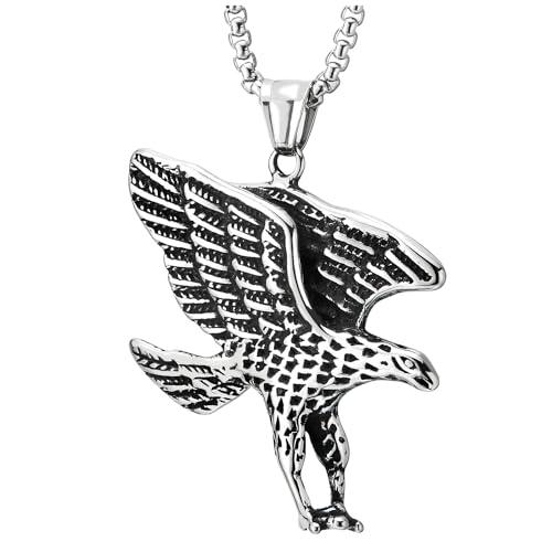 COOLSTEELANDBEYOND Vintage Flying Eagle Pendant Necklace in Stainless Steel, for Men, 30 inches Wheat Chain