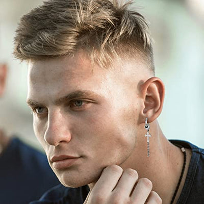 Cross Huggie Hinged Hoop Earrings for Men and Womens Steel Bead with Dangling Cross and Long Chain