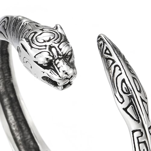 COOLSTEELANDBEYOND Mens Steel Leopard Cuff Bangle Bracelet with Tattoo Totem Patterns, Spring Closure, Retro Style
