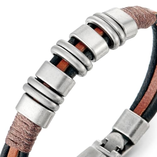 COOLSTEELANDBEYOND Brown Black Leather Bracelet Bangle with Metal Charms, Mens Women Leather Bracelet Wristband