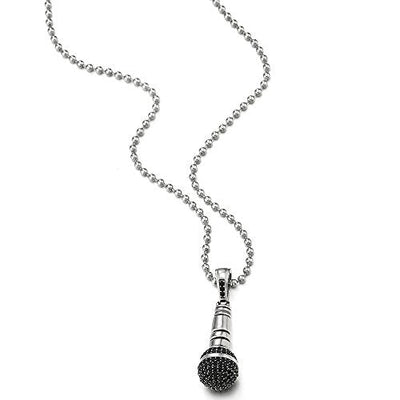 COOLSTEELANDBEYOND Mens Women Steel Microphone Pendant Necklace with Black Cubic Zirconia, 23.6 inches Ball Chain