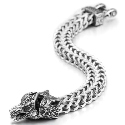 COOLSTEELANDBEYOND Steel Wolf Head Square Franco Chain Mens Biker Masculine Bracelet with Spring Clasp