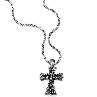 COOLSTEELANDBEYOND Mens Large Gothic Vintage Skulls Cross Pendant Necklace of Steel, Wheat Chain