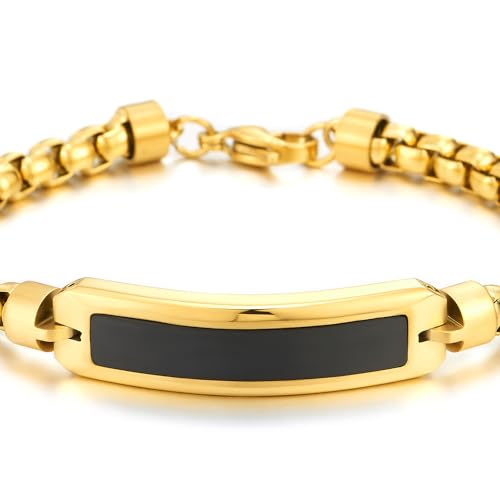 COOLSTEELANDBEYOND Steel Gold Color Rolo Wheat Chain Bracelet, ID Identification Inlaid with Black Centerpiece