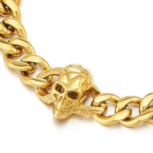 COOLSTEELANDBEYOND Gold Color Skull Curb Chain Bracelet Stainless Steel, Polished, for Men, Biker Hip Hop, Gothic