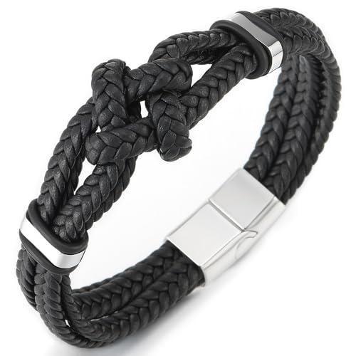 COOLSTEELANDBEYOND Black Braided Leather Bracelet, Friendship Nautical Knot, Mens Wristband, Steel Clasp