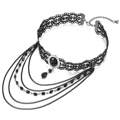 COOLSTEELANDBEYOND Gothic Victorian Nostalgic Black Lace Choker Necklace with Long Dangling Teardrop Beads and Chains