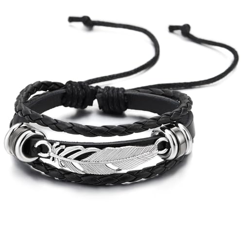 COOLSTEELANDBEYOND Feather Leaf Black Braided Leather Bracelet for Men Women, Three-Row Leather Wristband