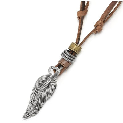 COOLSTEELANDBEYOND Retro Style Feather Pendant Unisex Necklace for Mens Womens with Adjustable Brown Leather Cord