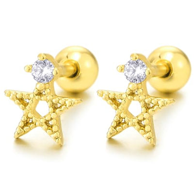 Steel Gold Color Dotted Star Pentagram Stud Earrings with Cubic Zirconia for Women, Screw Back