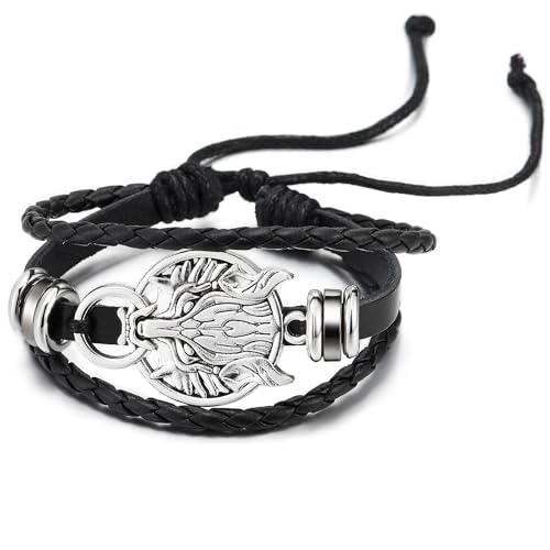 COOLSTEELANDBEYOND Circle of Wolf, Black Braided Leather Bracelet Multi-Strand Leather Wristband Wrap Bracelet for Men