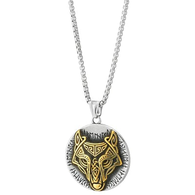 COOLSTEELANDBEYOND Viking Wolf Head Elder Futhark Circle Pendant, Silver Gold, Stainless Steel Mens Vintage Necklace