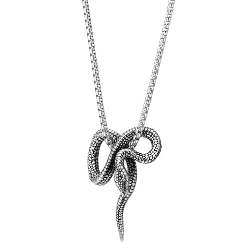 COOLSTEELANDBEYOND Coiled Cobra Snake Pendant, Mens Women Stainless Steel Vintage Necklace, 30 inch Wheat Chain, Gothic