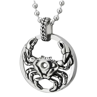 COOLSTEELANDBEYOND Circle and Crab Pendant Necklace Stainless Steel, 24 inches Ball Chain, Mens